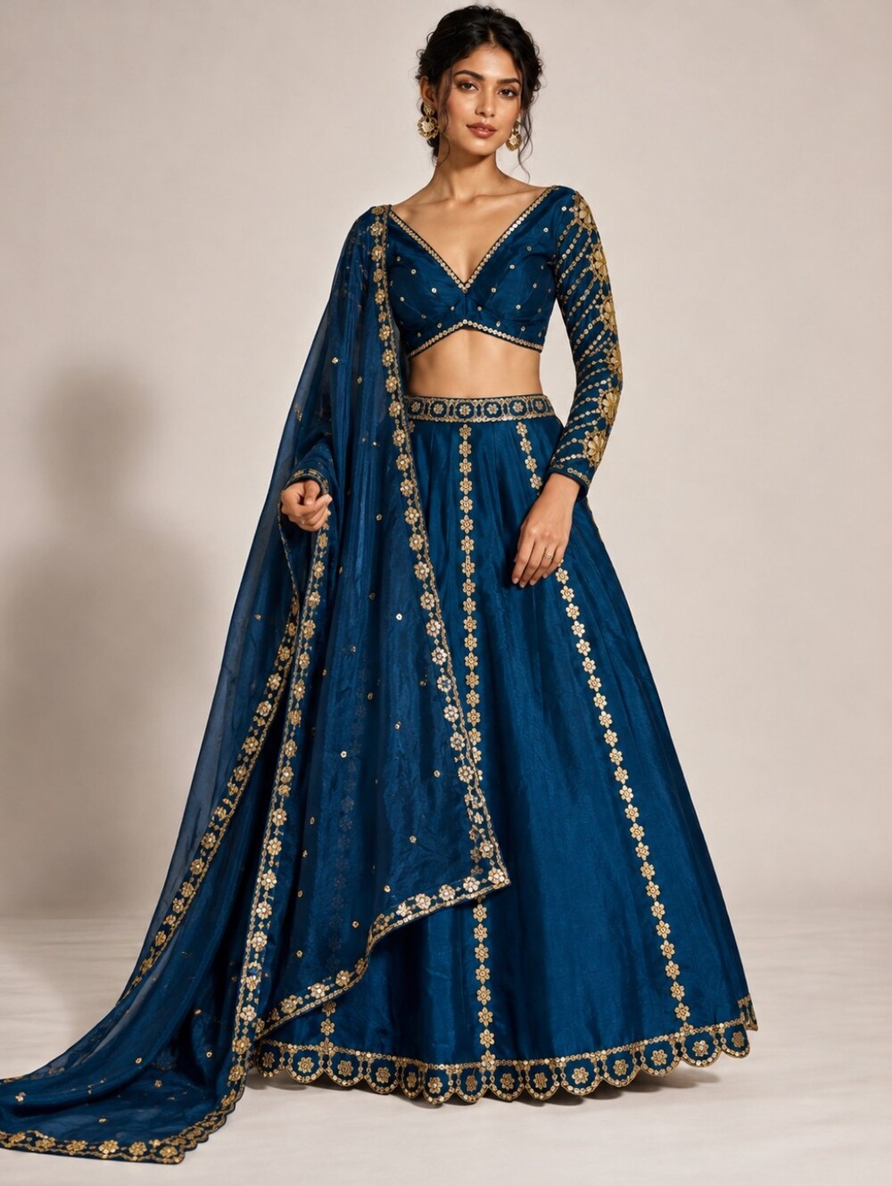 Teal Blue Gold Embroidered Lehenga Choli Set US 10